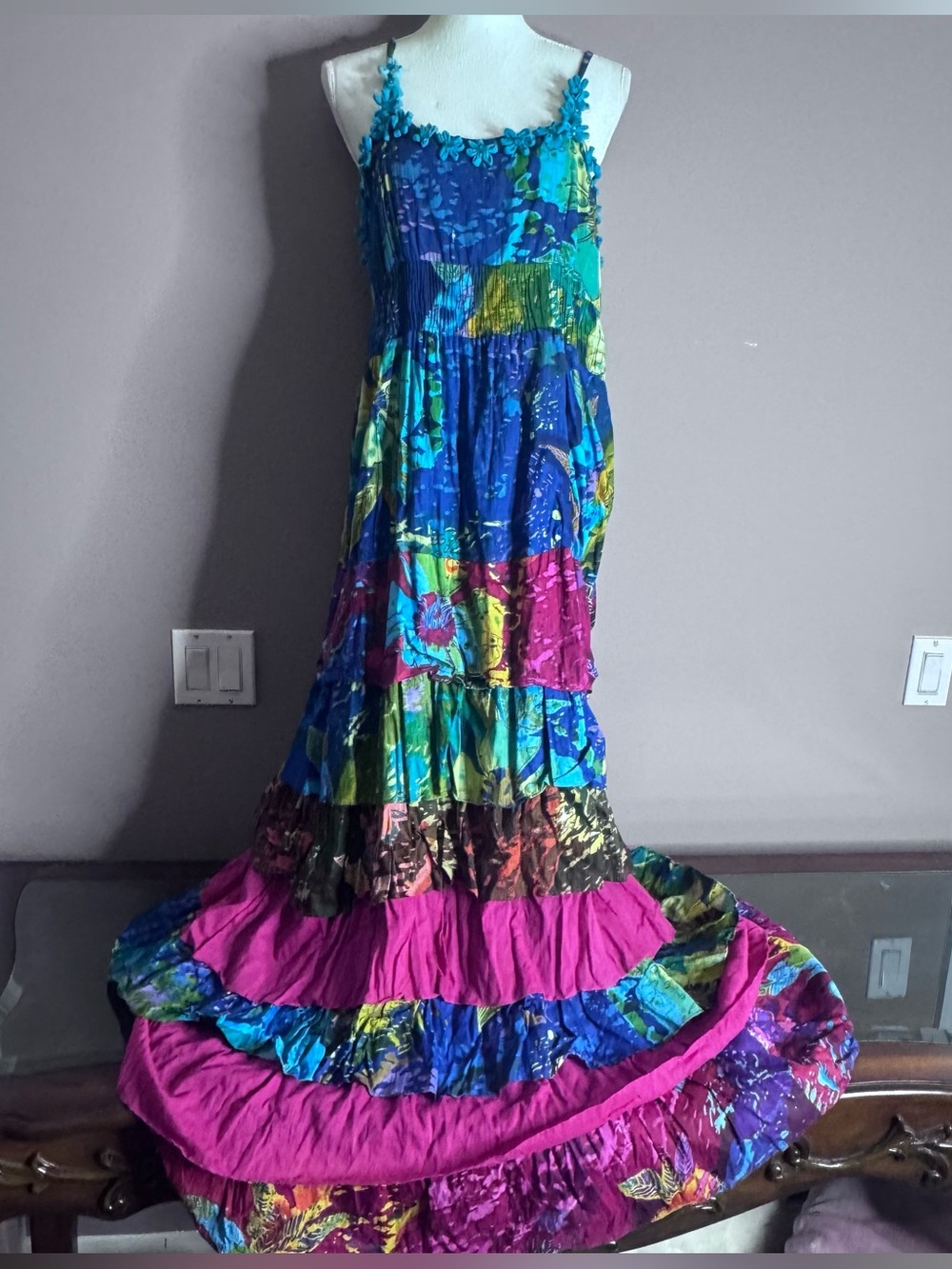 Petit Cotton Boho Gypsy Hippie Vibrant Multicolor Tiered Maxi Dress Sz XXL